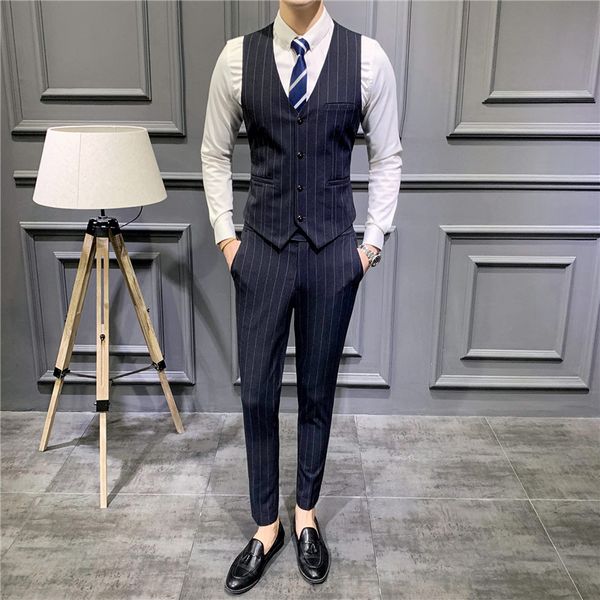 

new style stripes casual suit men waistcoat suit pants two piece set korean-style trend slim fit large size marriage groom, White;black