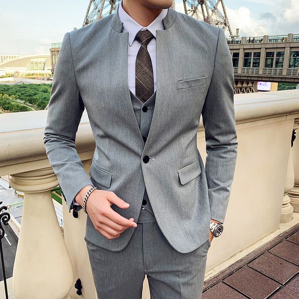 

jacket + vest pants ) fashion boutique solid color stand collar tunic casual business suit mens groom wedding dress 3 pcs suit, White;black