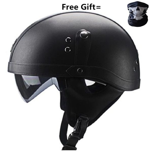 

motorcycle motorbike rider half pu leather retro helmet visor with collar open face half motor with dual lens