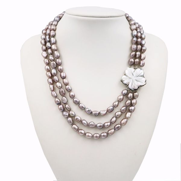 

beautiful new fashion natural baroque freshwater pearls 3 rows mm 7-9 mm gray color pearl necklace shell flower clasp 20, Silver