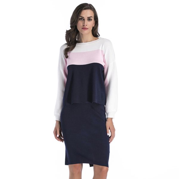 

womens designer color matching long sleeve knit sweater + hip skirt knit two-piece suit, Gray