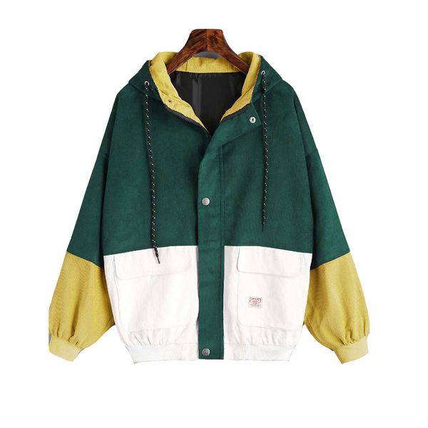 

winter long sleeve corduroy women jacket patchwork color block hooded pocket jackets casual zipper jacket coats women outerwear, Black;brown