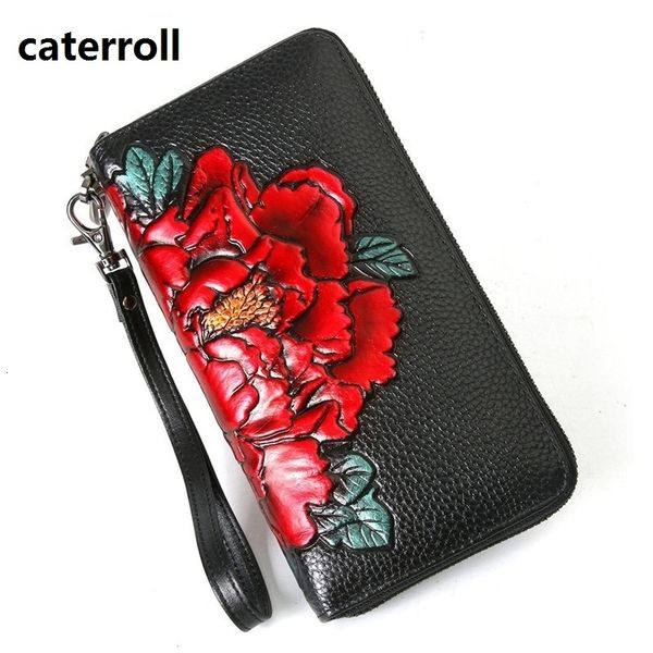 

genuine leather wallet women long clutch purse floral real leather money bag ladies wallets and purses for phone v191116, Red;black