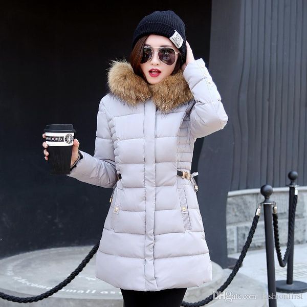 

fashion slim tunic zipper puffer feather jacket black red pink gray for women clothing long down coat with faux fur hood