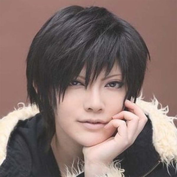 

selling boys cartoon cosplay harajuku style 10 inch short black straight synthetic wigs for men