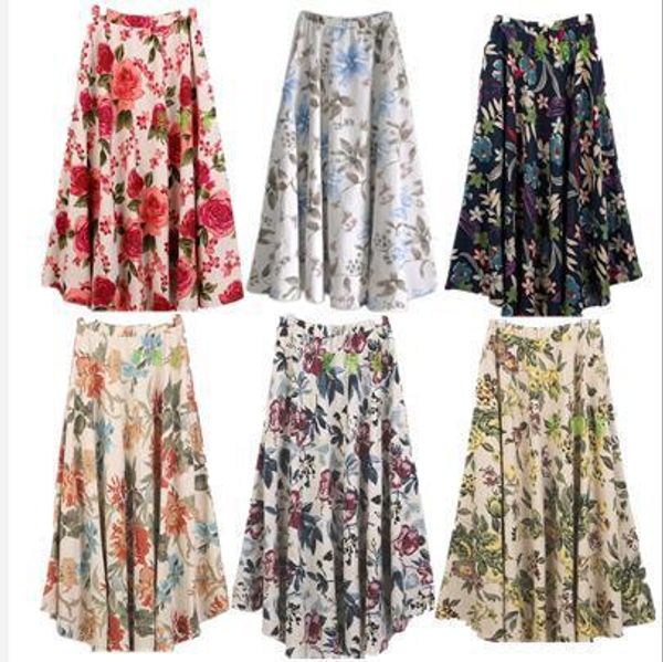 

women's linen skirt loose long skirt bohemian print flower, Black