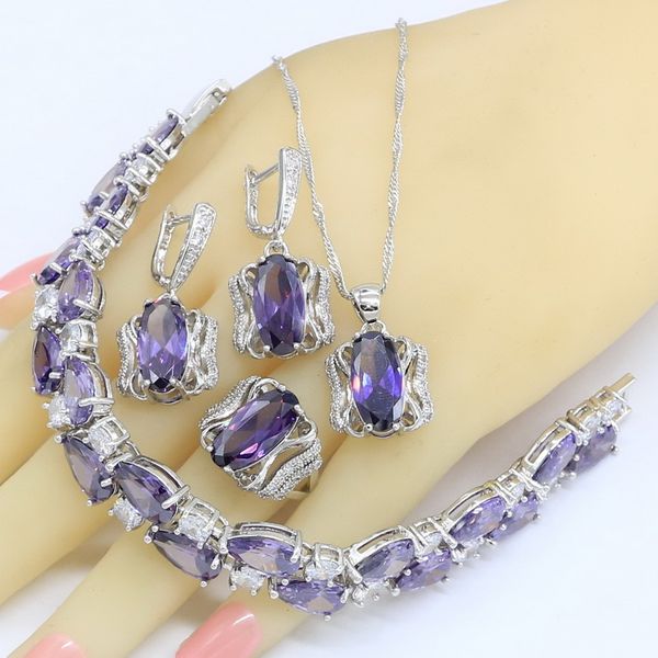 

purple zircon 925 silver jewelry sets for women bracelet earrings rings necklace pendant gift box new arrival