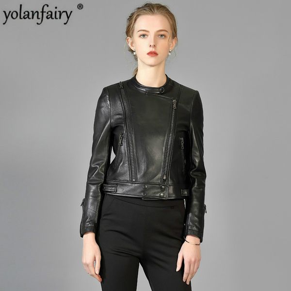 

women's leather & faux 2021 jacket spring autumn real genuine women short motorcycle slim fit v16105 kj4417, Black