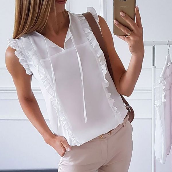

women boho blouse fashion summer o neck sleeveless ruffle shirts casual slim solid blusas plus size tee, White