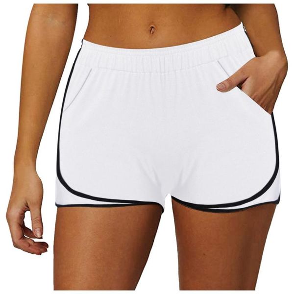 

2020 plus size women sports shorts fitness tight yoga short patchwork beach short high waist with pocket running sport shorts, White;red