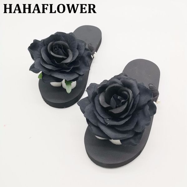 

hahaflower summer woman shoes platform beach slippers flat flip flops slippers for women sandals rose flowers ing, Black