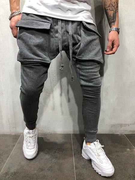 

big jogging casual pants men pockets hip pants pencil fashion streetwear slim sweatpants fit hop akgij, Black