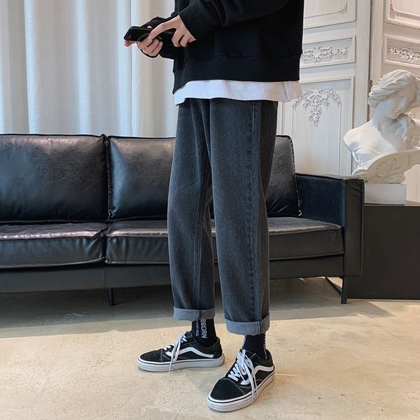 

mens korean fashoins jeans 2020 vintage straight tube loose pants harajuku washed jeans wide leg men jean hip hop streetwear, Blue