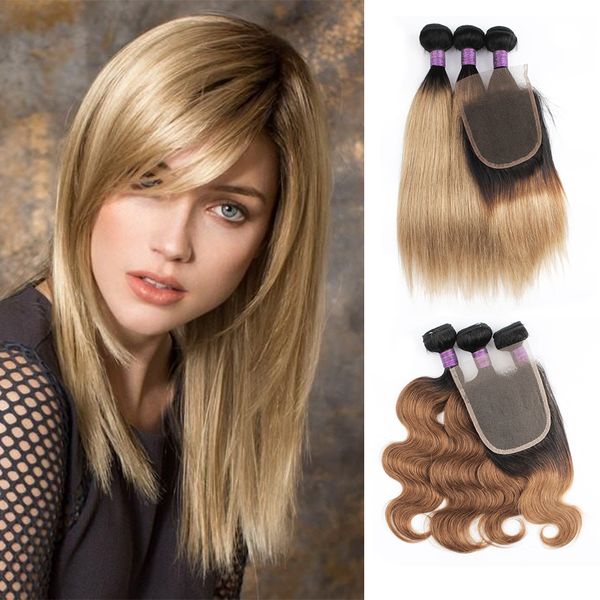 

kisshair t1b27 t1b30 bundles with closure 2 tone ombre color 200g/set honey blonde medium auburn brazilian human hair extension, Black;brown