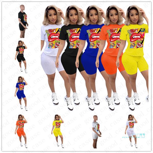 

cute women shorts sets summer designer tracksuit cartoon lips letters print t shirt + biker shorts 2pcs suit luxury sports outfit d5705, White