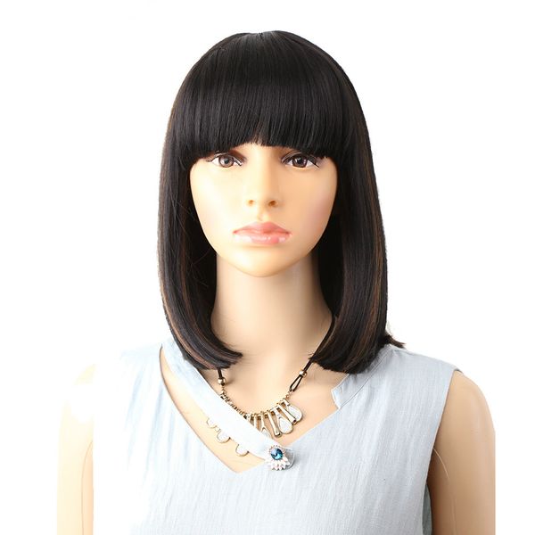 Straight Black Synthetic Wigs With Bangs For Women Medium Length