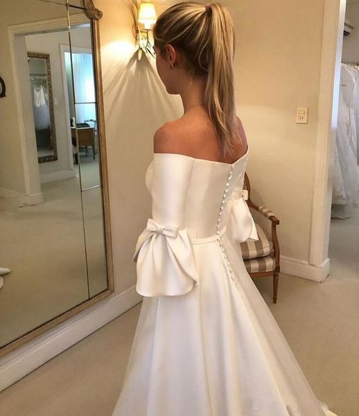 2020 simples vintage uma linha vestidos de casamento barato fora do ombro cetim meia mangas plus size botão longo voltar formal vestidos de noiva wi260j