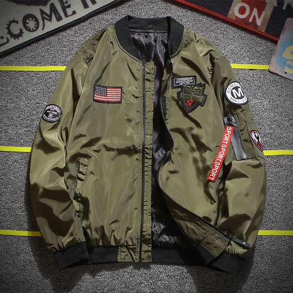 

army green bomber jacket men fashion american flag patch designs pilot jacket ribbons zipper pocket baseball uniform male coat, Black;brown