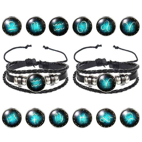 Schwarze geflochtene Charm-Armbänder aus echtem Leder für Verliebte, Freundschaft, neue leuchtende Herren-Armbänder mit 12 Sternbildern, geschichtetes, geflochtenes Wickelarmband, Schmuck, Geschenke, Großhandel