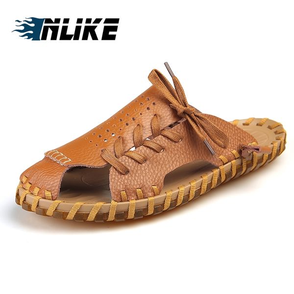 

inlike new arrival summer cow leather breathable men flip flops korean style beach sandals male handmade slippers jw506, Black
