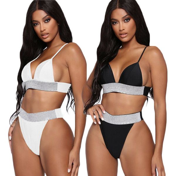 

2019 new swimsuit women 2piece suit swimwear sequined push-up padded bra bandage halter bikini set triangle swimsuit beachwear, White;black