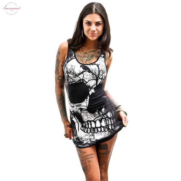 

womens dress summer crew neck 2020 plus size sleeveless skull printed summer vintage vest ladies dress female loose casual dress, Black;gray