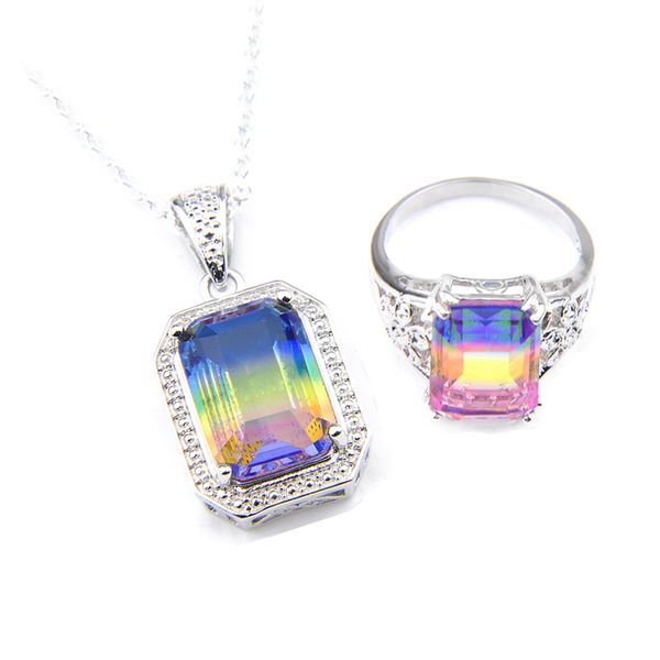 

rainbow multi 2pcs/lot rings pendants sets rectangle bi colored tourmaline vintage 925 silver chain necklaces jewelry for women holiday part