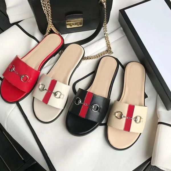 

summer new beach slippers fashion designer women lazy flat flops leather lady cartoon slippers luxury metal ladies slippers size 35-42 us11, Black