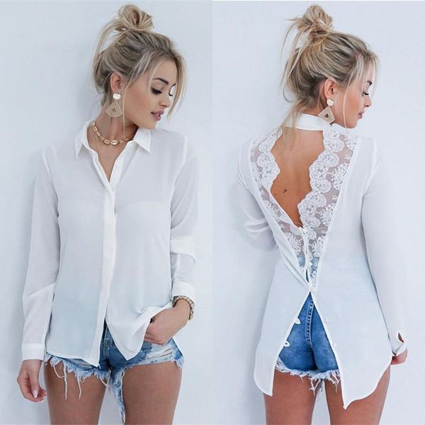 

lace patchwork white shirt womens and blouses turn-down collar long sleeve chiffon blouse women summer blusas