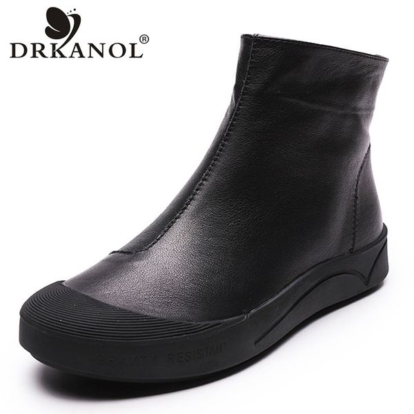 

drkanol autumn winter genuine leather flat ankle boots for women warm boots side zipper soft comfortable cow leather botas h8066, Black