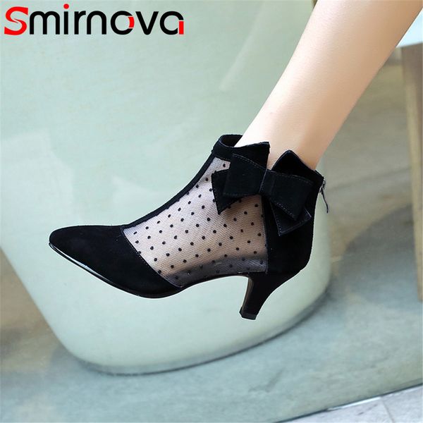 

smirnova big size 2020 summer new arrival shoes woman pointed toe zip butterfly knot ladies boots suede leather+mesh ankle boots, Black