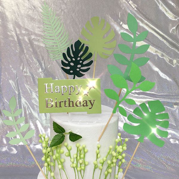 

7pcs tropical style cake er flags green leaf shape cake decoration tools wedding birthday party supplies insert card