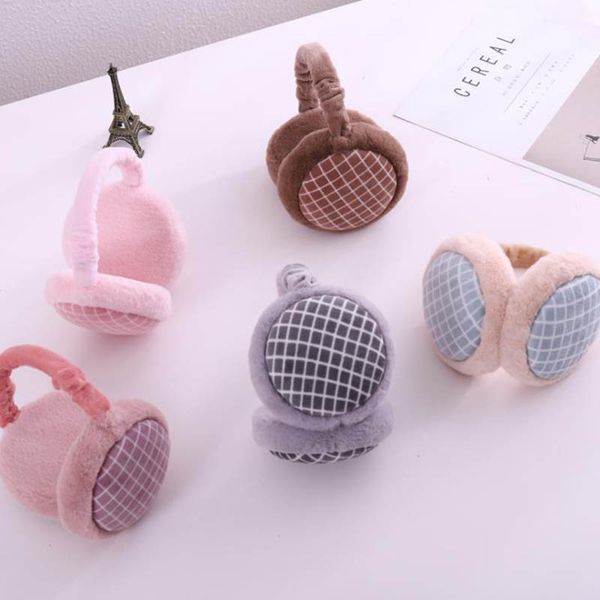 

ear muffs calymel hamburger design earmuffs women girl fur winter warmer foldable soft grid earlap headband, Blue;gray