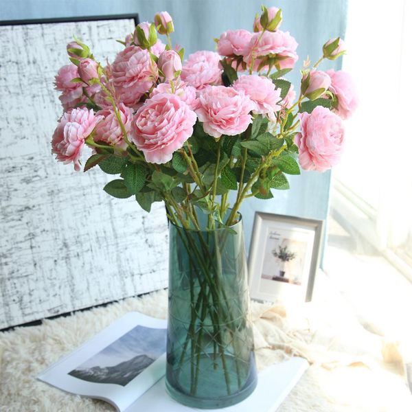 

61cm long european artificial flower 3 head home silk peony wedding flower foreign rose decorative party decor 1pcs