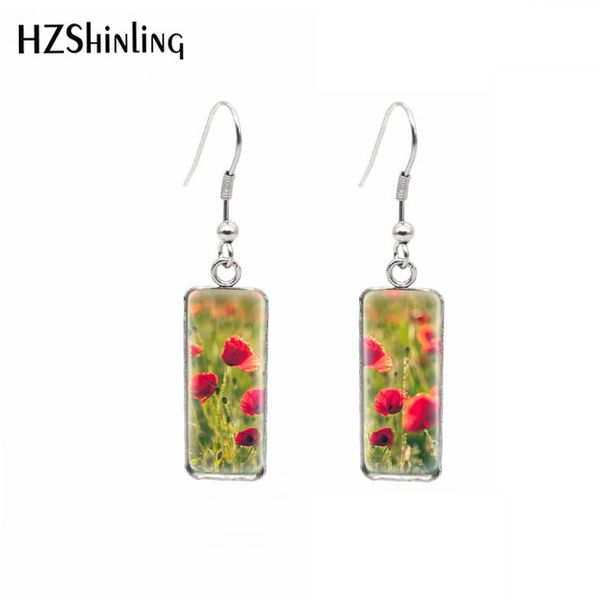 

hzshinling vintage fresh poppy flower stainless steel square french hook earring poppy sweet earrings summer accessory jewelry, Silver