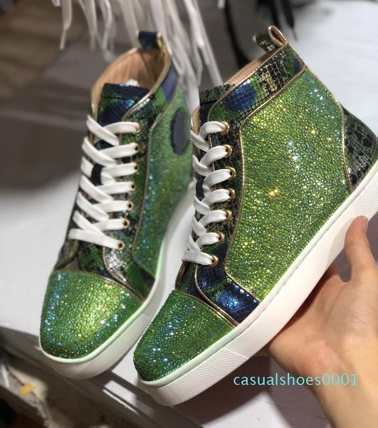 

2020 designer shoes red bottom sneakers high spikes crystal mens trainers 100% genuine leather party wedding shoes big size ac01, Black