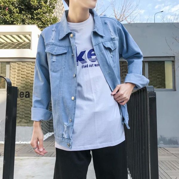 

2020 осень и зима гонконг стиль trend light blue denim jacket men корейский стиль сыпучие-fit с длинными рукавами пальто с отверстиями коров, Black;brown
