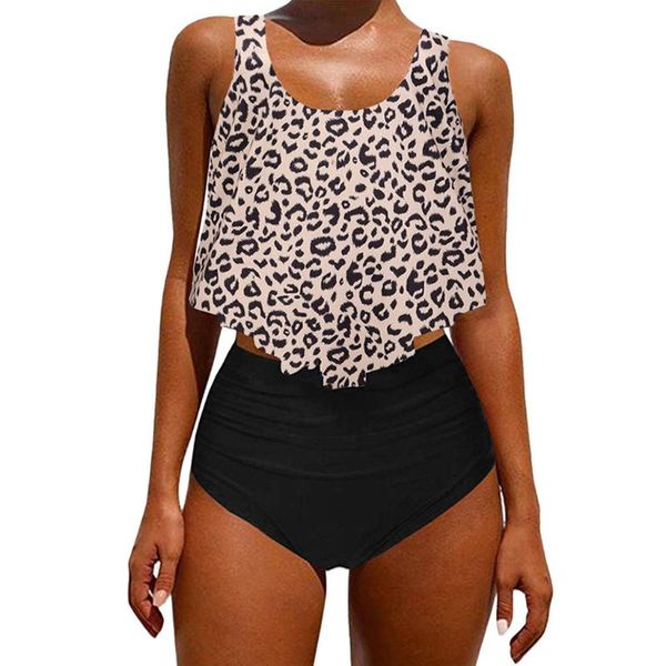 

women bikini swimsuit high waisted leopard two piece swimwear padded bra bathing beach suit female beachwear fused tankini z, White