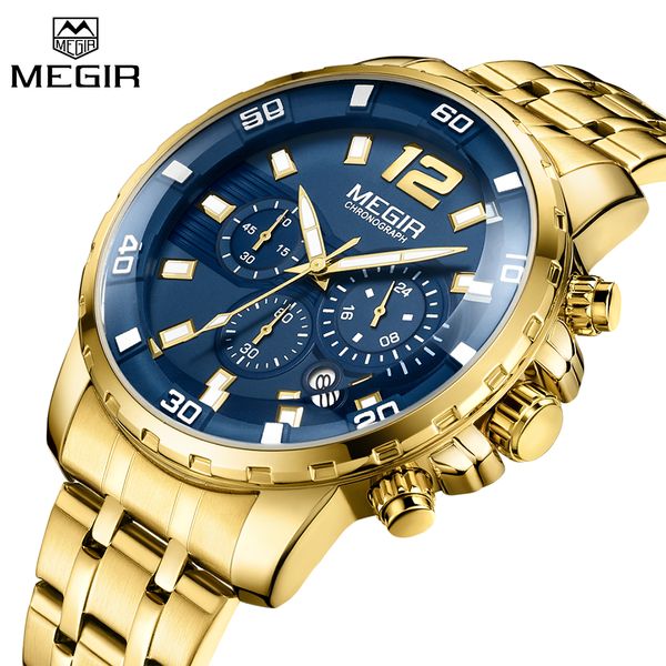 

megir business watches men gold stainless steel mens sports quartz watch blue dial clock male relogio masculino, Slivery;brown