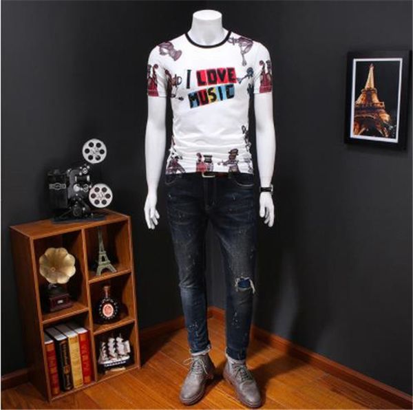 

мужской летней desinger дышащего tshirts письмо печать музыка crew neck тонкий homme одежда мода стиль homme одежда, White;black