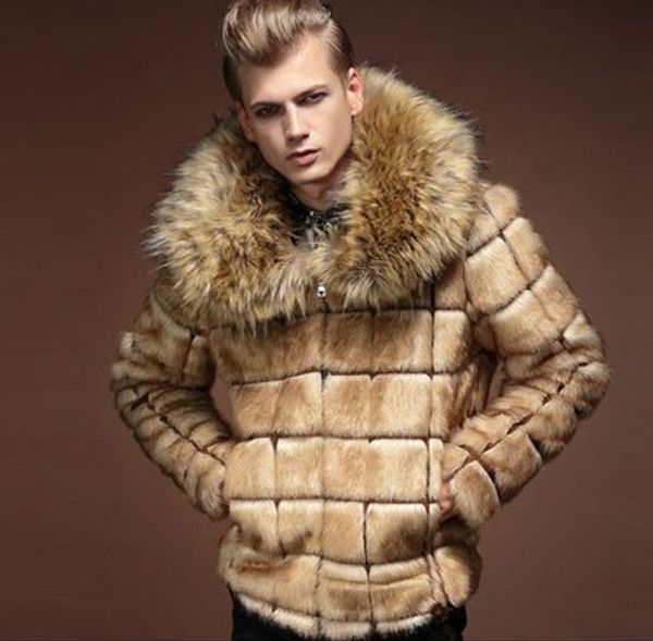 

men's leather & faux mens nagymaros collar fur coat personality artificial grass jacket large size turn down outwear j529, Black