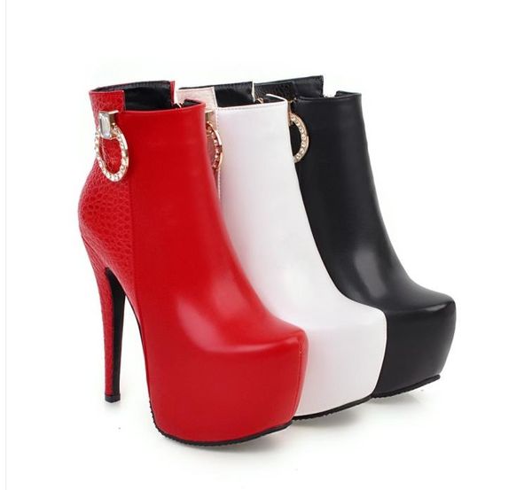 

small big size 33 to 42 to 48 ultra high heel round toe platform ankle boots white red nightclub party shoes 14cm, Black