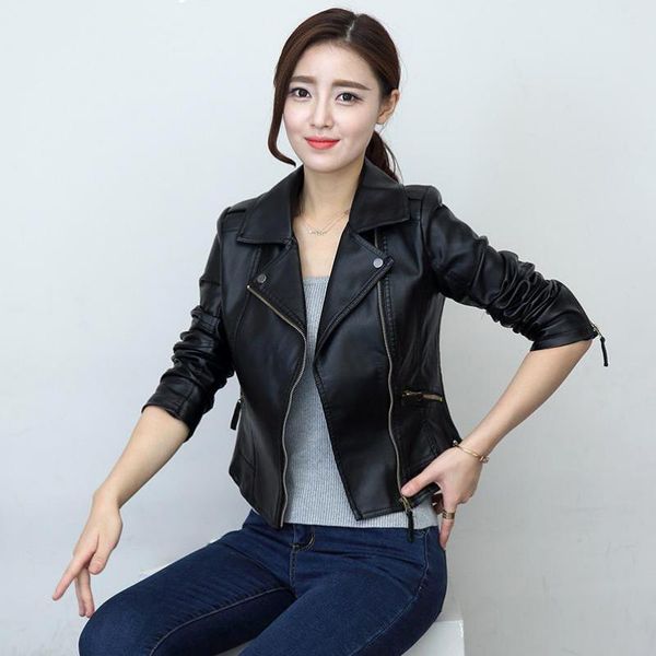 

fall 2019 new leather clothes, short style women's fashion locomotive outerwear, slim leather jacket, Black