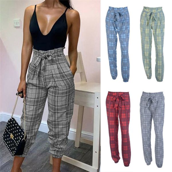

2019 fashion summer womens plaid harem pants high waist drawstring long pants england style ladies slim women clothing, Black;white