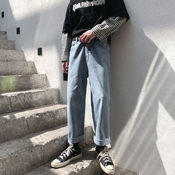 

autumn new jeans men fashion washed solid color casual denim trousers man streetwear wild hip hop loose straight jeans -3xl, Blue