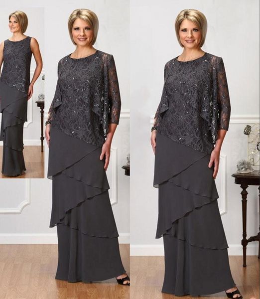 

gray lace mother of the bride dresses with long sleeves jackets jewel neck sequined evening gowns floor length wedding party dresses, Black;red