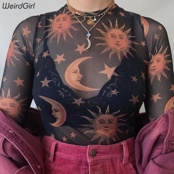 

weirdgirl women sun moon star printing t-shirts o-neck long sleeve mesh fabric casual transparent slim female 2019 new, White