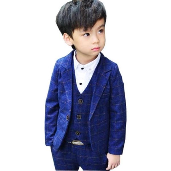 

plaid boys formal tuxedos school suits kids spring clothings sets 3 pieces sets kids wedding blazer suits gray navy, Blue