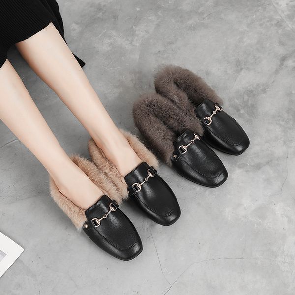 

fashion ladies slip on loafers slide winter fur flat shoes women 2019, Black