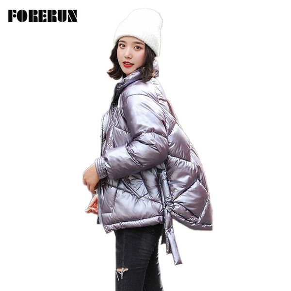 

погон негабаритных зимней куртки женщин глянцевая пузыря coat solid cotton padded теплого стандартный воротника повседневный parka puffer ку, Black